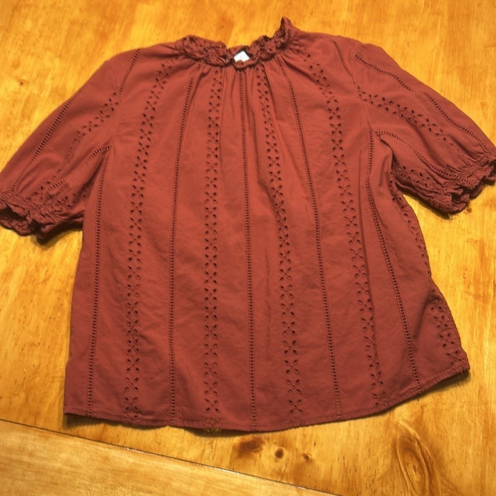 Universal Thread Cottagecore Prairie Rust Cotton Eyelet Ruffle Puff Sleeve Top - Picture 8 of 8
